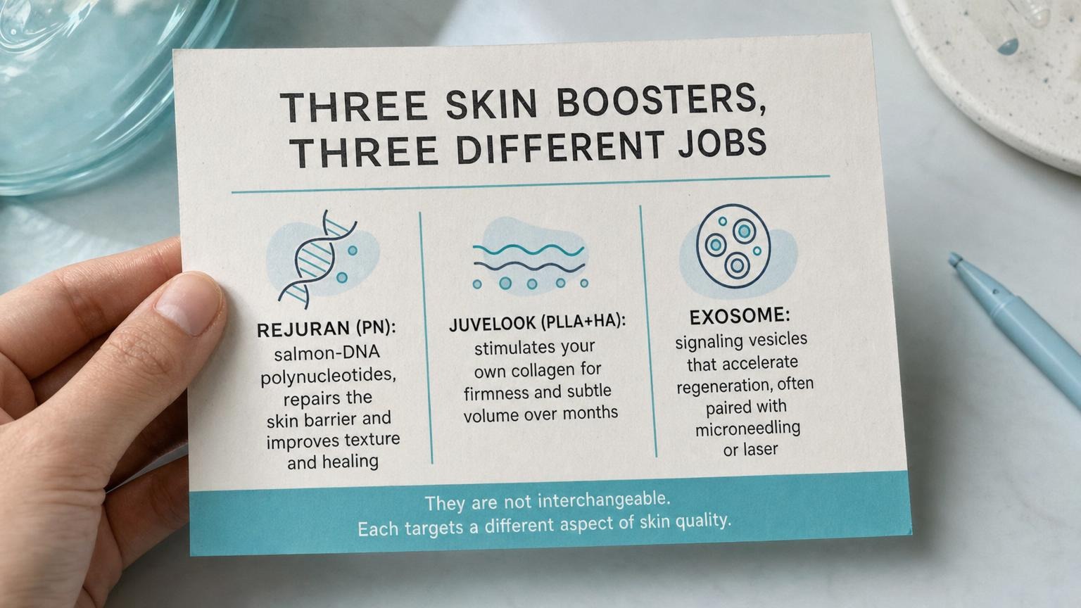 Three skin boosters, three jobs: Rejuran barrier, Juvelook collagen, exosome regeneration