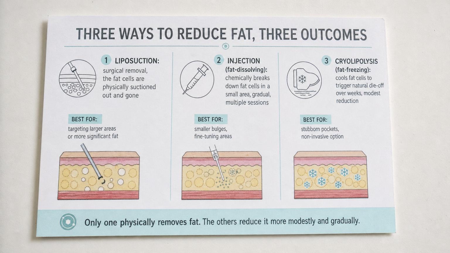 Three fat reduction methods compared: liposuction removes, injection dissolves, cryolipolysis freezes