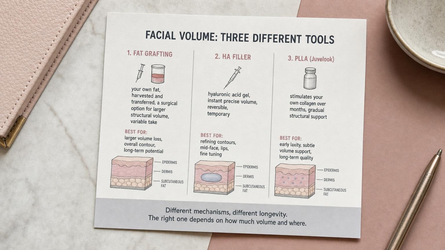 Facial volume three tools comparison: fat grafting vs HA filler vs PLLA Juvelook mechanisms