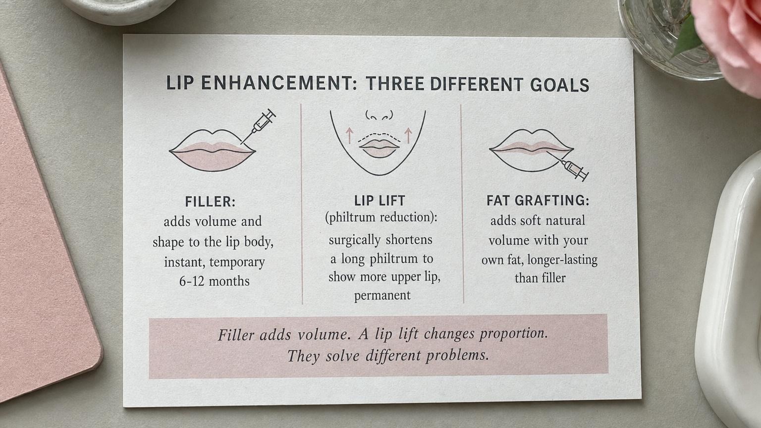 Three lip tools, three goals: filler volume, lip lift proportion, fat lasting volume