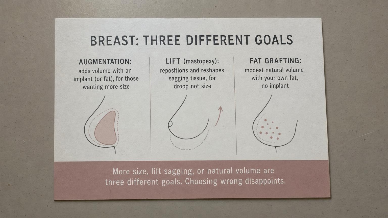 Three breast goals: augmentation adds size, lift fixes sagging, fat grafting natural volume