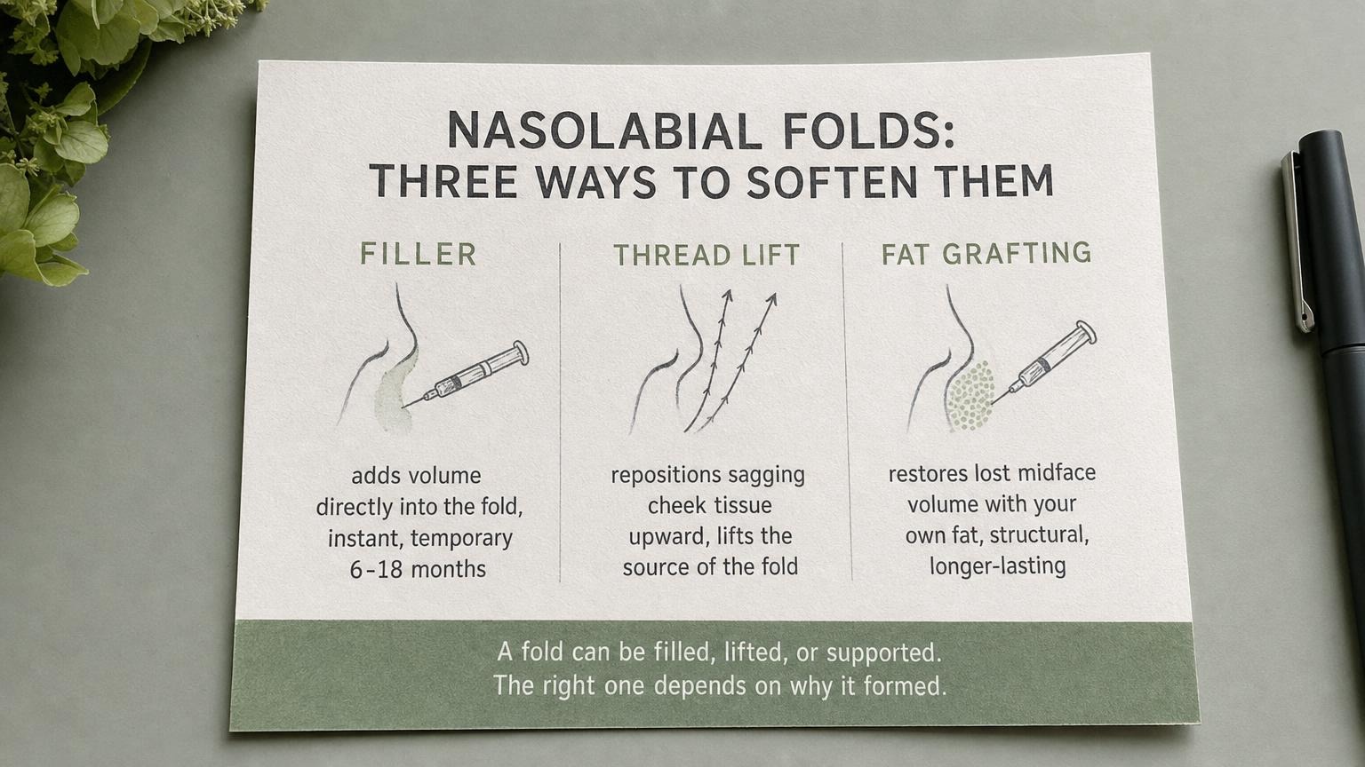 Three ways to soften a nasolabial fold: filler, thread lift, fat grafting