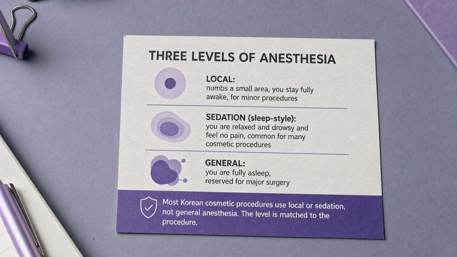 Three levels of anesthesia: local awake, sedation drowsy and pain-free, general asleep