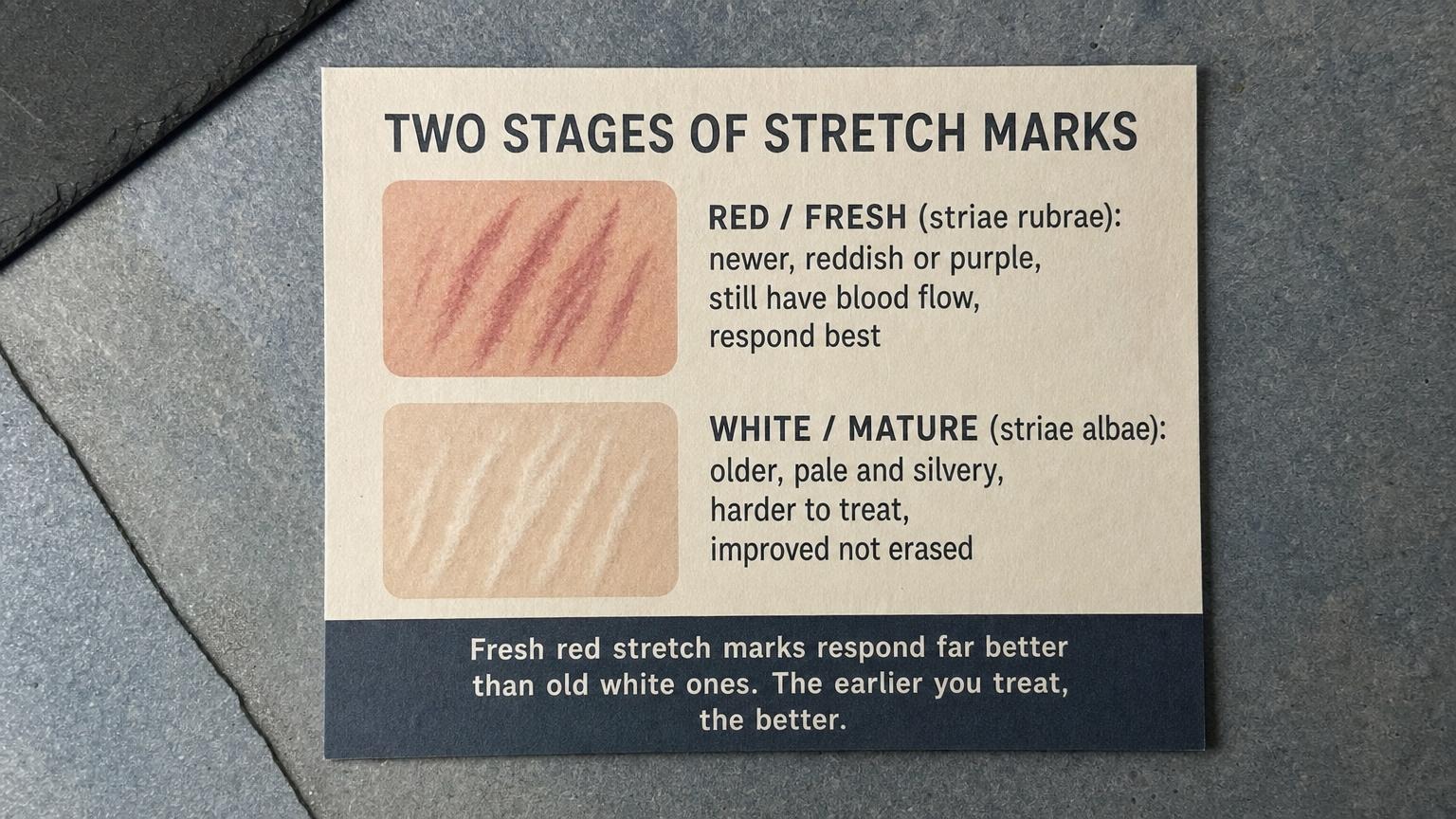 Two stages of stretch marks: red fresh (striae rubrae) respond best, white mature improved