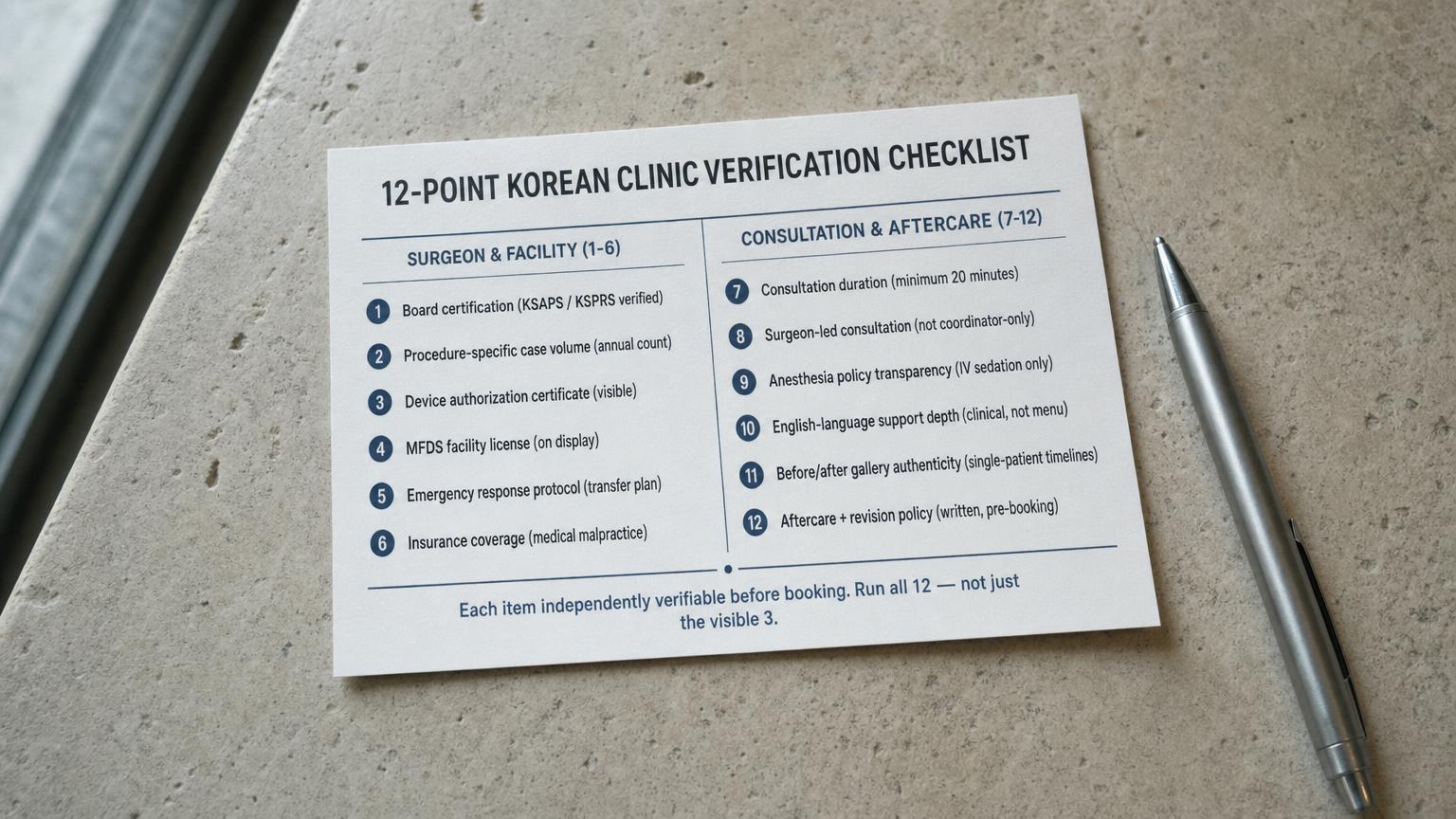 12-point Korean clinic verification checklist card — surgeon credentials, device authorization, consultation format, aftercare and revision policy.