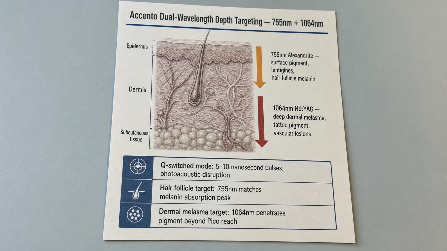 Accento dual-wavelength depth targeting: 755nm for surface pigment and hair follicles, 1064nm for deep dermal melasma and tattoo.