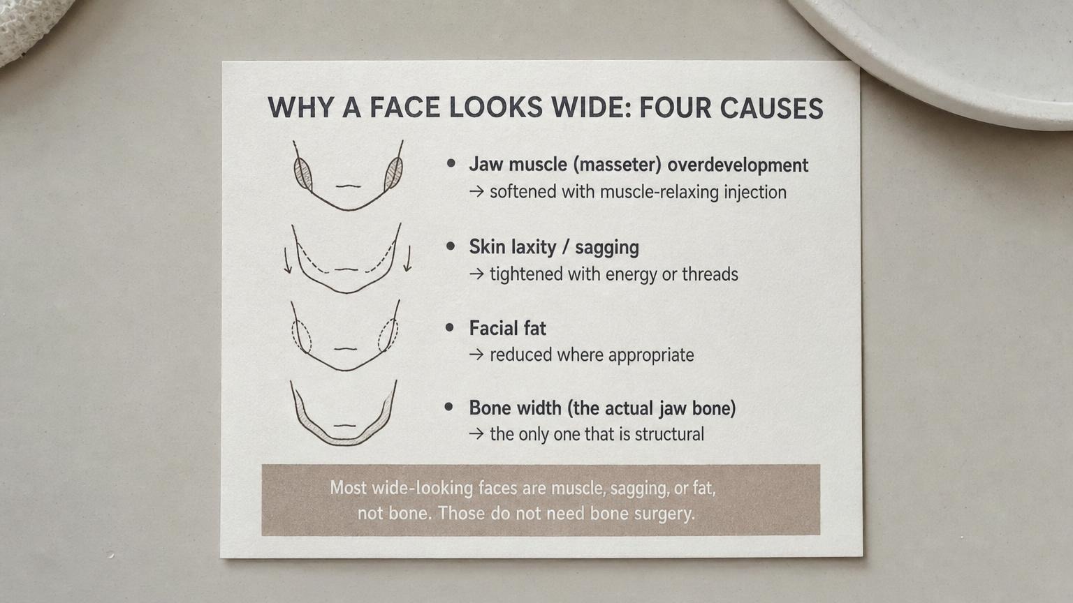 Why a face looks wide: jaw muscle, sagging, fat, or bone