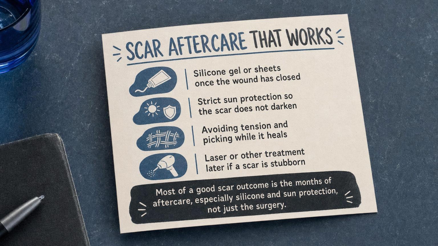 Scar aftercare that works: silicone, sun protection, no tension, later laser if needed