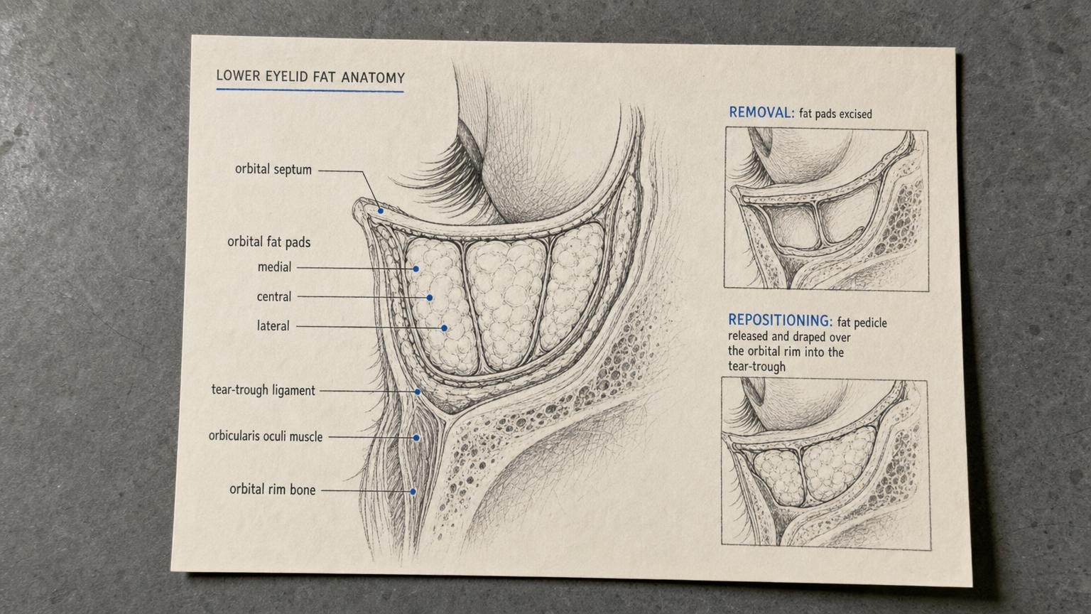 Lower eyelid fat anatomy cross section removal vs repositioning