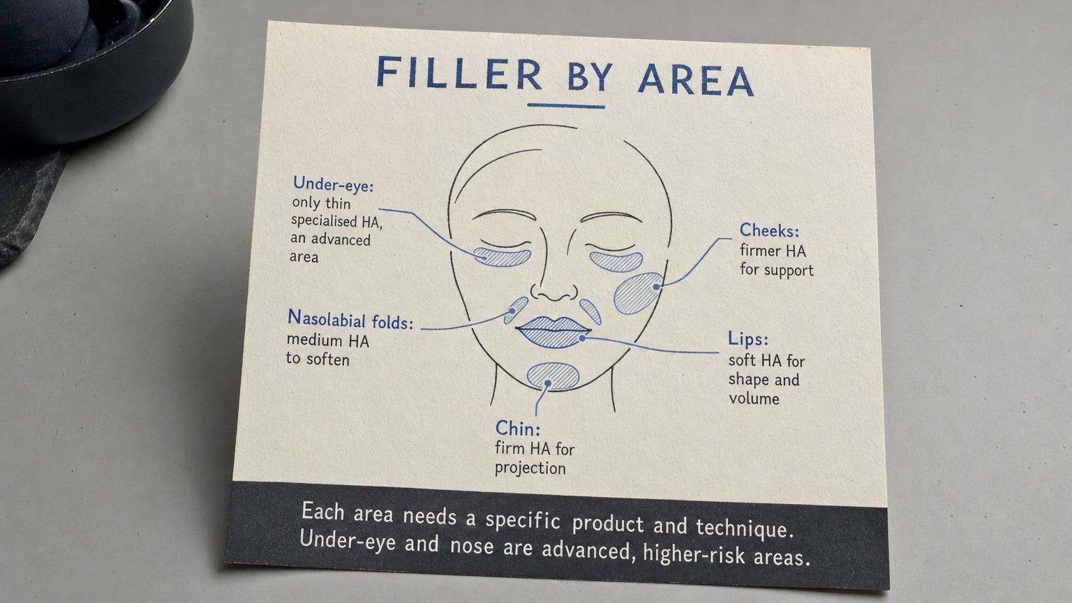 Filler by area: lips, nasolabial, cheeks, chin, and the high-risk under-eye