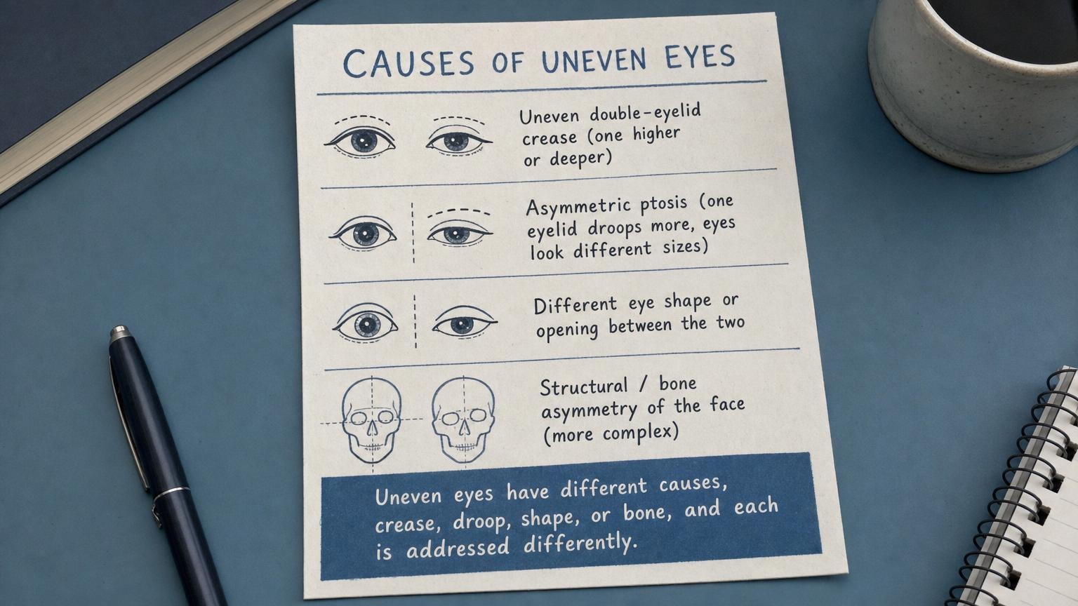 Causes of uneven eyes: uneven crease, asymmetric ptosis, shape, or bone