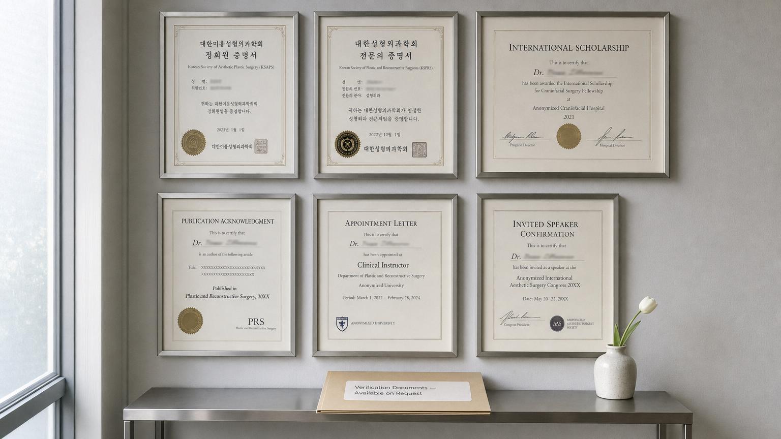 Korean clinic credential wall showing KSAPS membership, KSPRS board certification, international scholarship, peer-reviewed publication acknowledgment, clinical instructor appointment, and conference speaker letter.