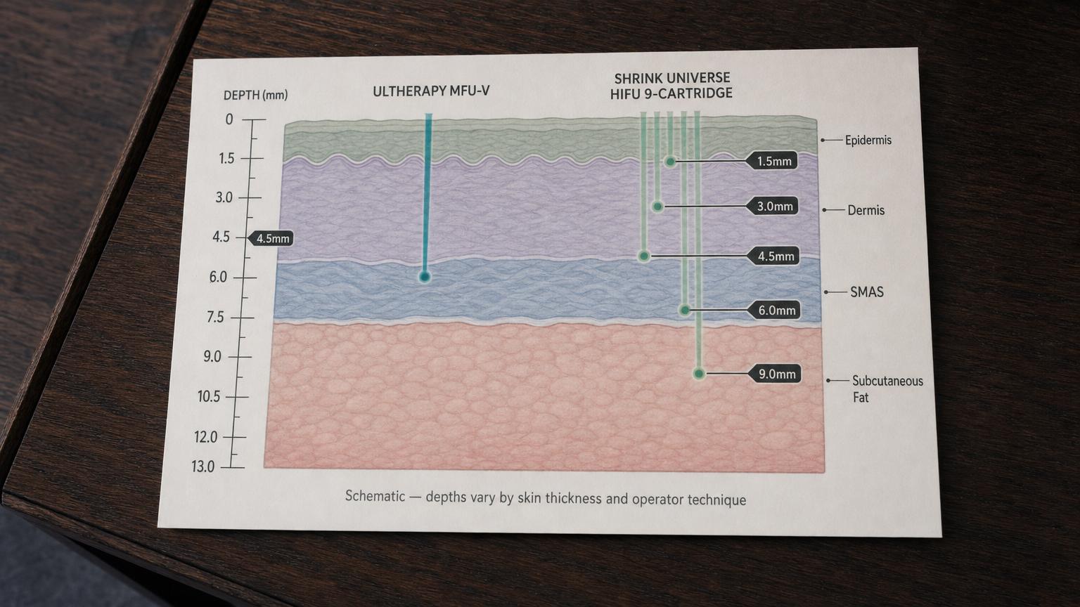 Educational dermatology diagram on a printed reference card photographed on a pale sage and ivory tabletop showing two side-by-side facial cross-sections — one labeled Ultherapy MFU-V with three precise focal points at 1.5/3.0/4.5 mm targeting epidermis, deep dermis, and SMAS layer with bright echogenic SMAS line, the other labeled Shrink Universe HIFU with multi-depth coverage from 1.5 mm to 13 mm reaching through dermis, subcutaneous fat, and into deeper neck tissue planes