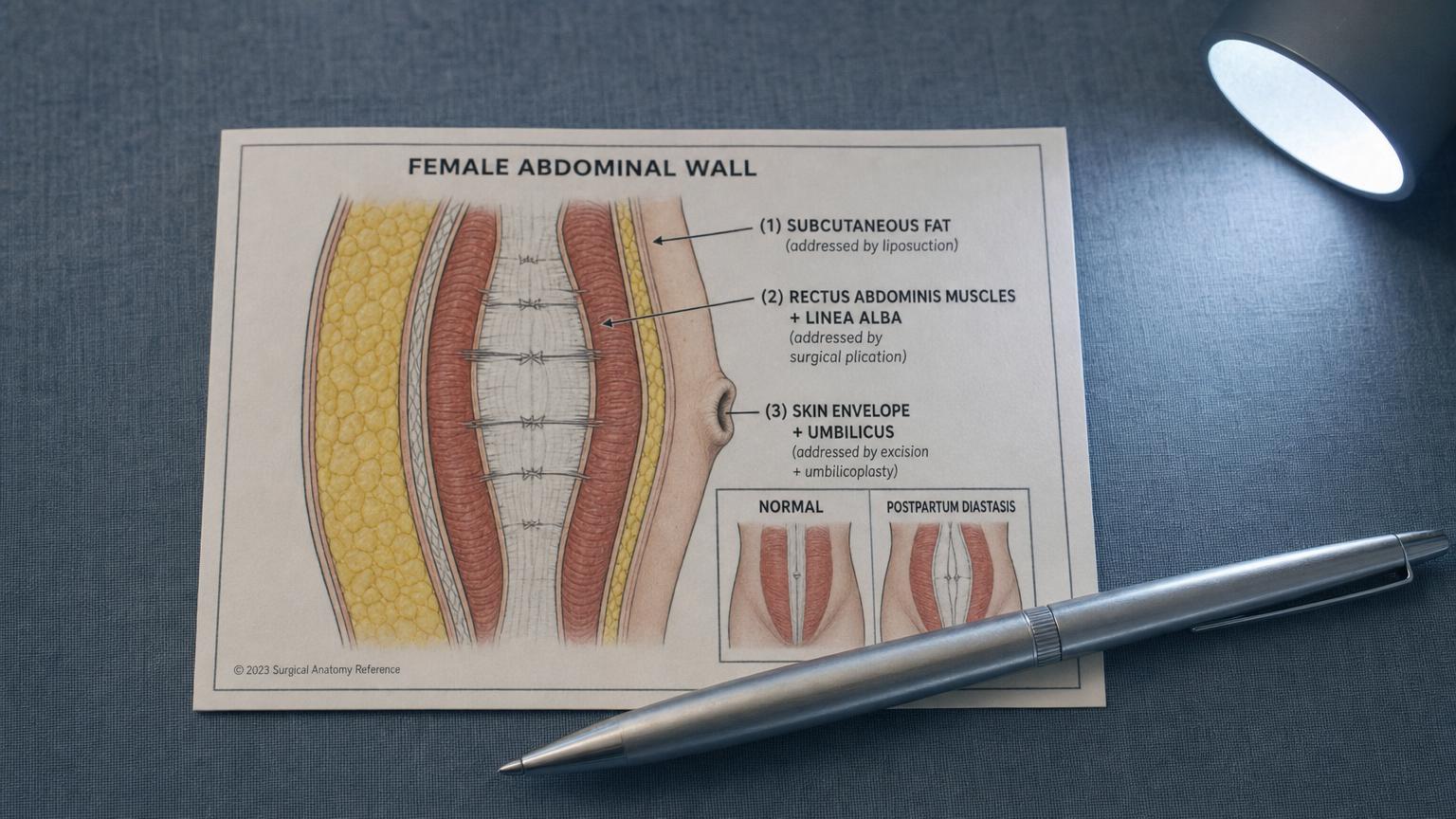 Top-down photograph of a printed Korean postpartum body surgery reference card showing the three-layer Korean elastic tummy tuck cross-section diagram — Layer 1 subcutaneous fat addressed by 2 to 3 mm micro-cannula liposuction, Layer 2 rectus abdominis muscle separation closed by midline plication sutures, Layer 3 stretched skin envelope excised with neo-umbilicoplasty for the original belly button repositioning, photographed on a soft cream and pale oak desk surface