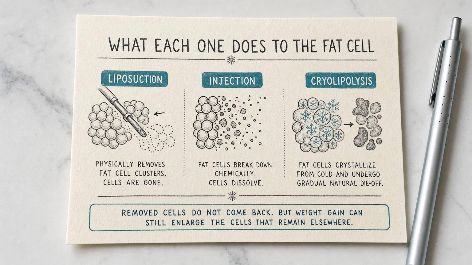 What each fat reduction method does to the fat cell: removal, breakdown, freezing