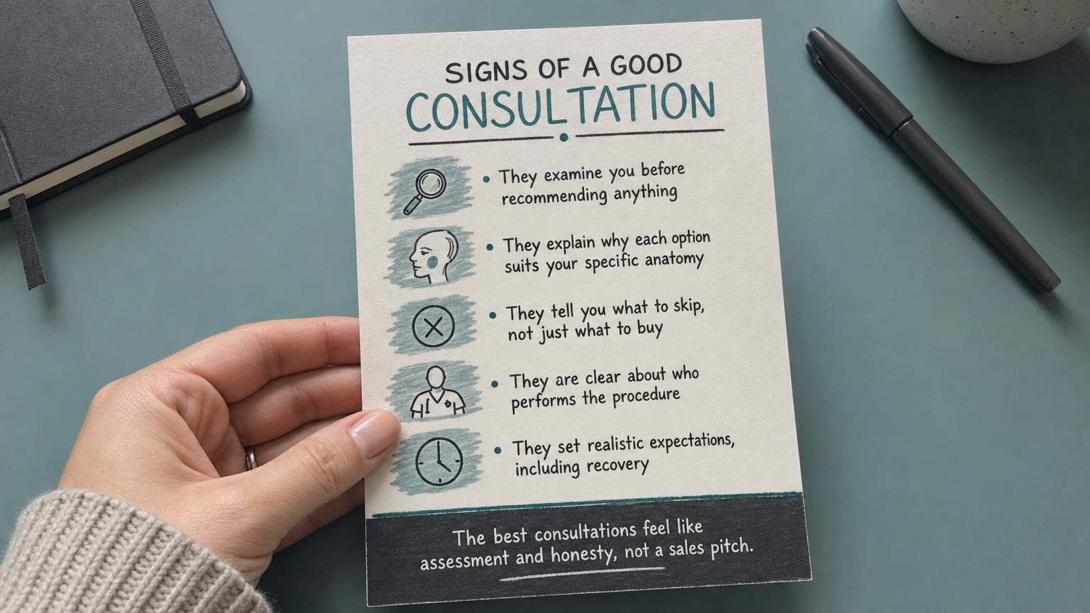 Signs of a good consultation: examines first, explains, says what to skip