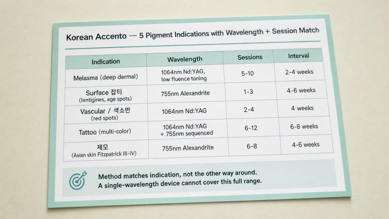 Accento 5 indication map: melasma 5-10 sessions, lentigines 1-3, vascular 2-4, tattoo 6-12, hair removal 6-8. Wavelength matched per indication.
