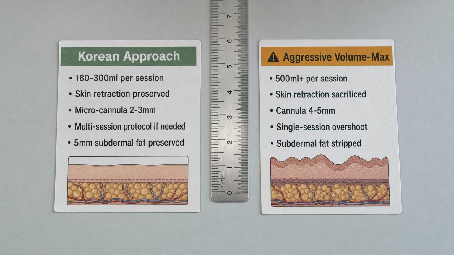Side-by-side comparison chart photographed on a cool blue and pure white clinical desk showing the Korean conservative liposuction protocol on the left (2 to 3 mm micro-cannula, 180 to 300 ml per zone, multi-layer feathering, 5 mm subdermal preservation, multi-session staged plan) versus the BBL-mindset aggressive protocol on the right (4 to 5 mm cannula, 500 ml or more per zone, single-pass deep layer, no subdermal preservation, single-overshoot session)