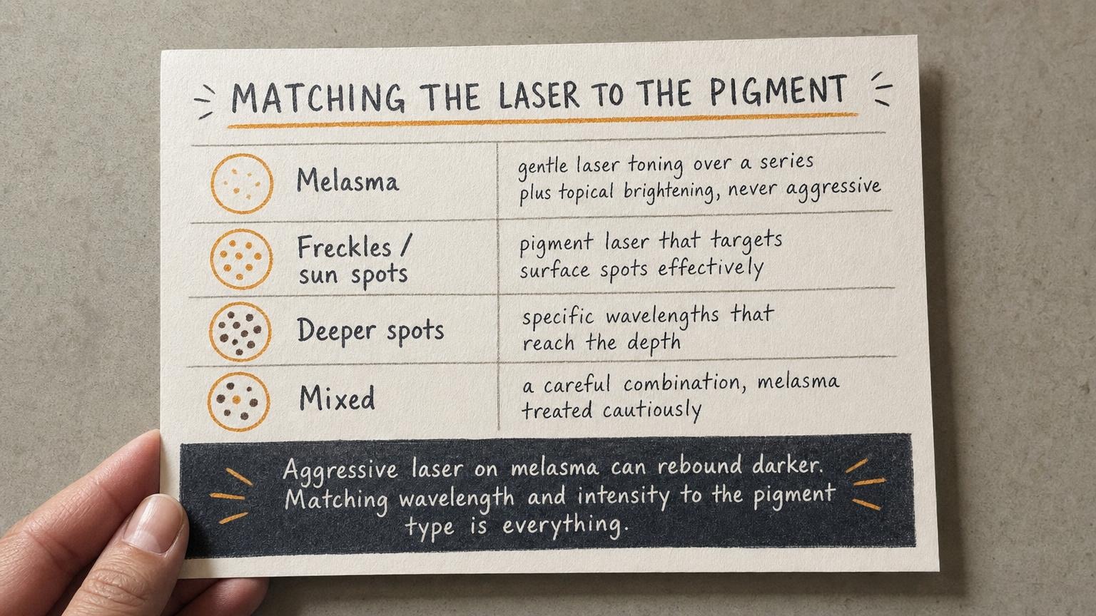 Matching the laser to the pigment: gentle for melasma, direct for sun spots