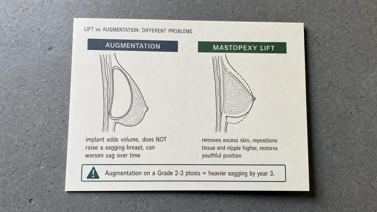 Breast lift vs augmentation comparison diagram showing how a lift repositions tissue and an implant adds volume