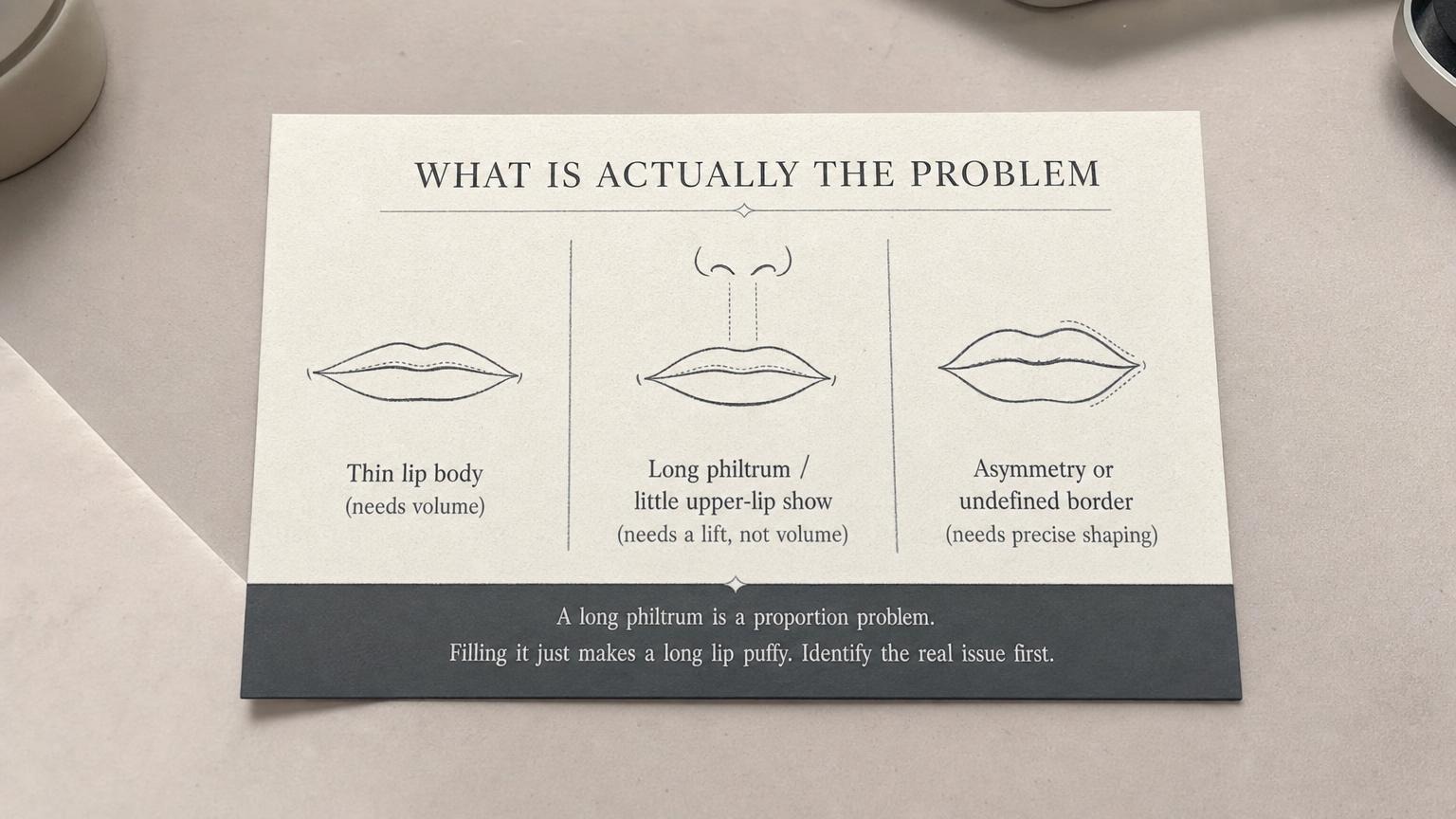 What is actually the lip problem: thin body, long philtrum, or asymmetry