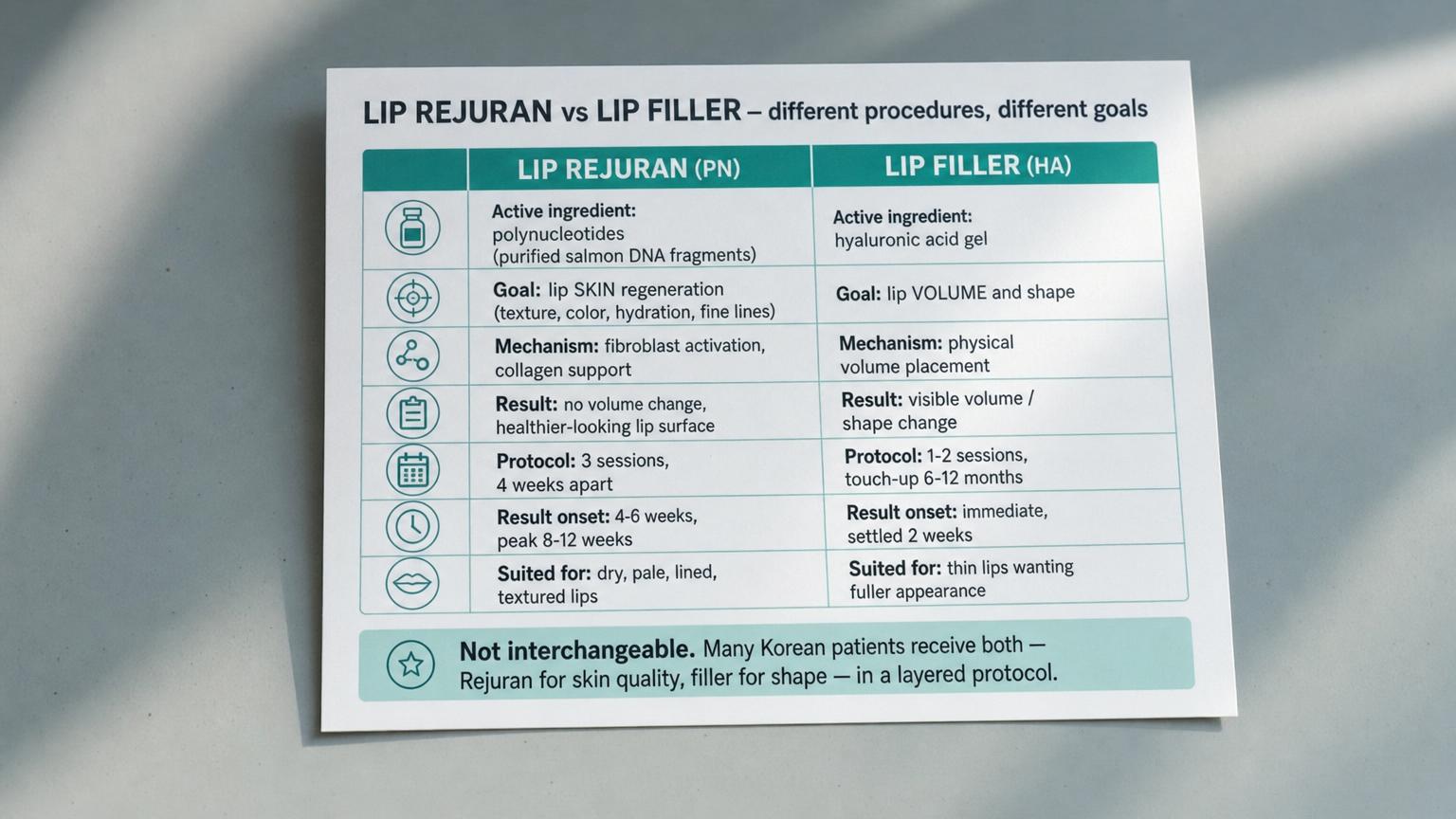 Lip Rejuran vs Lip Filler comparison: PN skin regeneration vs HA volume placement. Different procedures, different goals, often used together in layered Korean protocol.