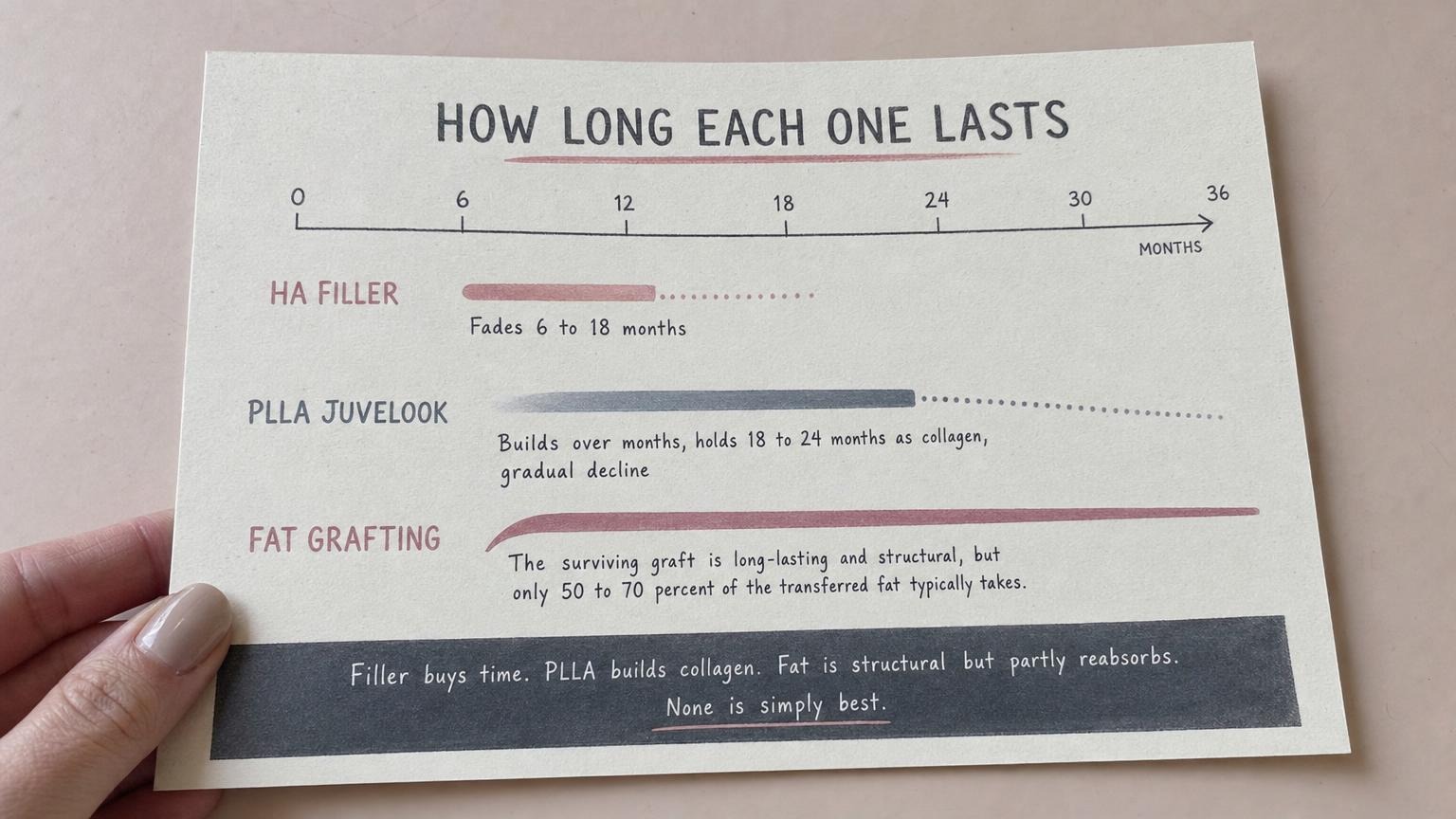 How long facial volume lasts: HA filler 6-18 months, PLLA 18-24 months, fat grafting structural