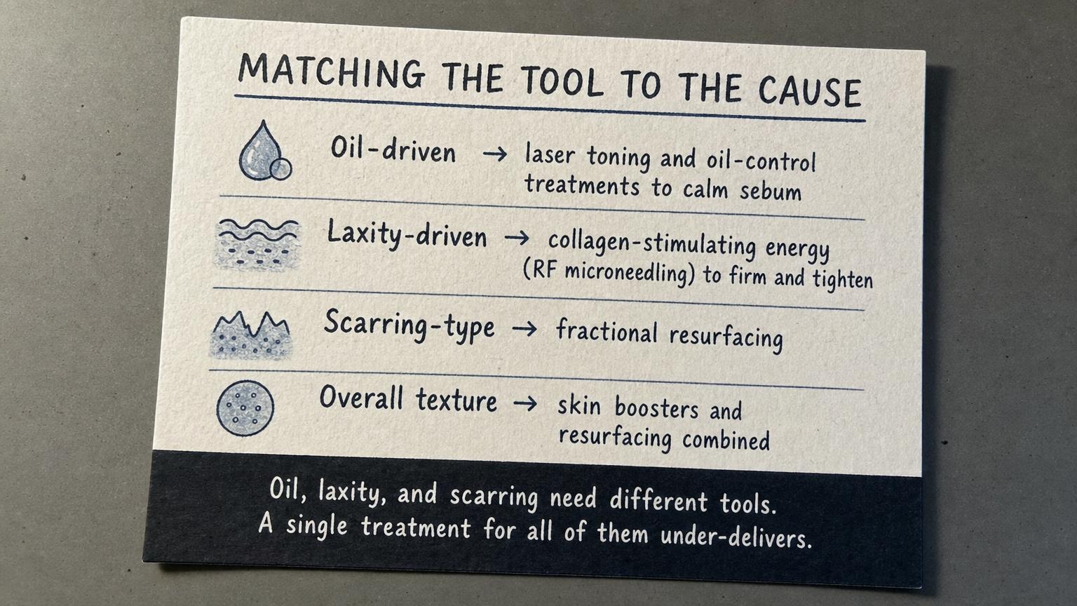 Matching the tool to the cause: toning for oil, RF for laxity, fractional for scarring