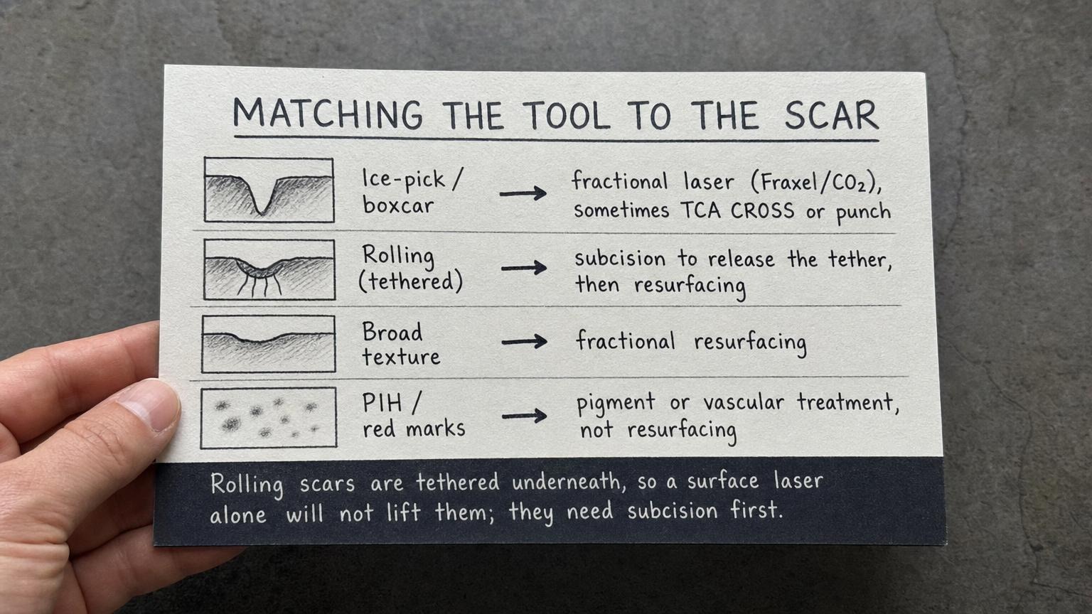 Matching the tool to the scar: subcision for rolling, fractional for texture, pigment treatment for marks