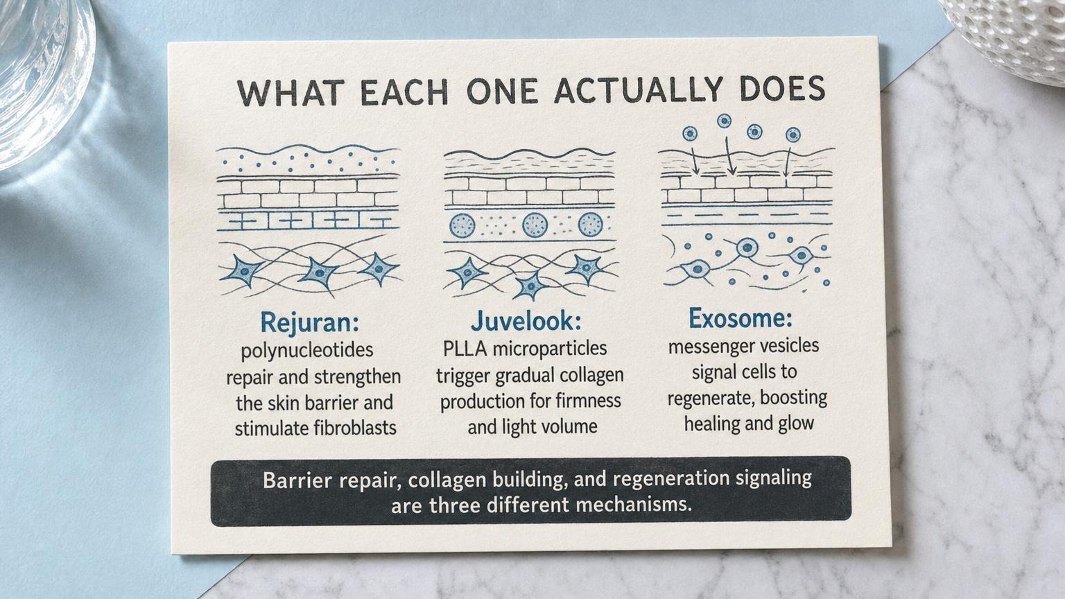 What each skin booster does: polynucleotide repair, PLLA collagen, exosome signaling