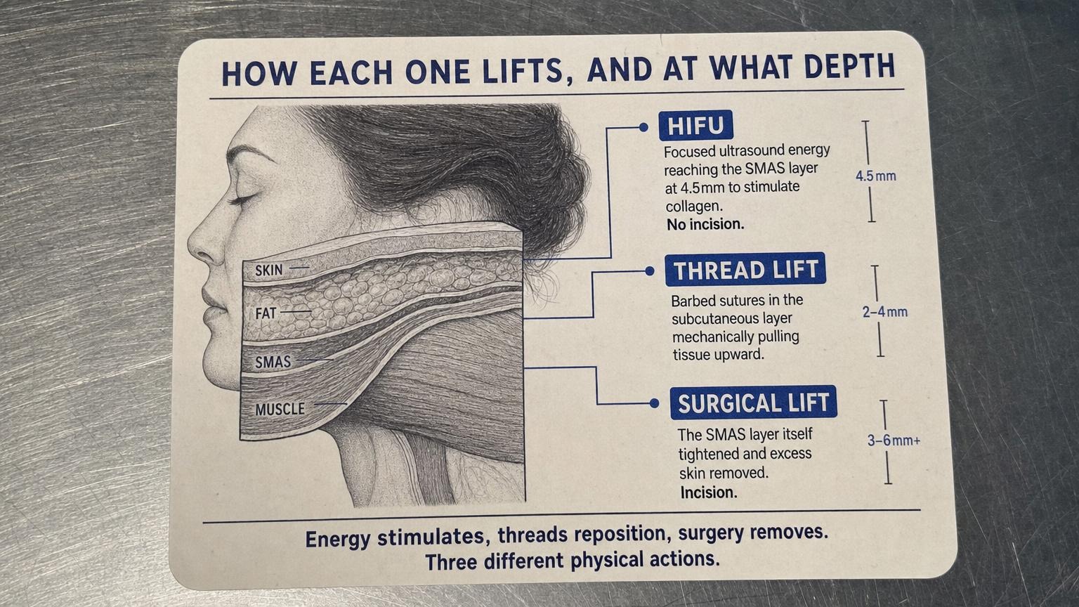 How jawline tools lift and at what depth: HIFU SMAS, thread subcutaneous, surgery deep
