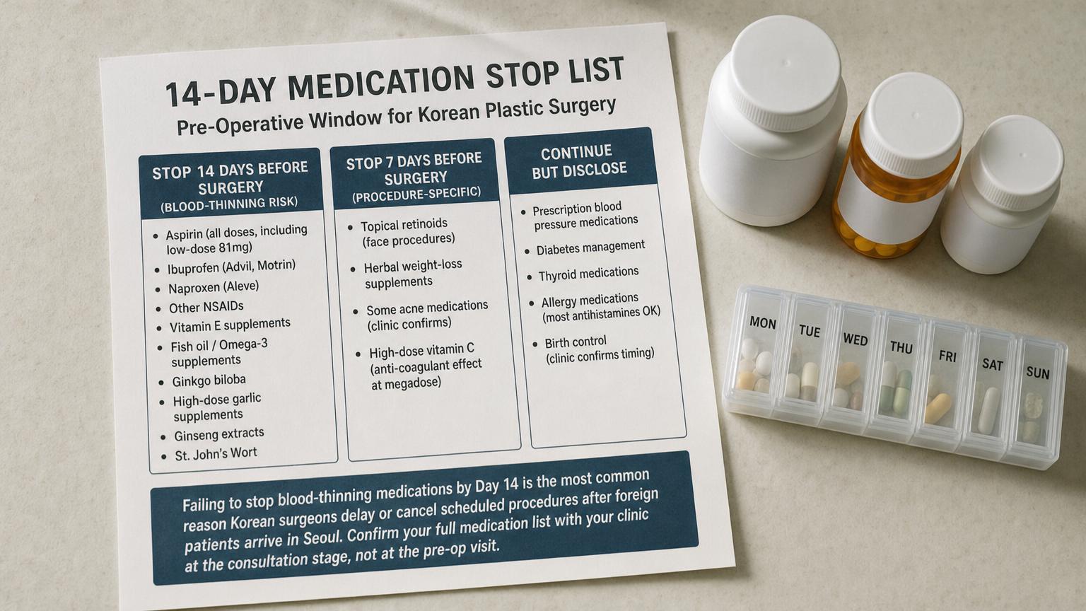 14-day medication stop list for Korean plastic surgery — blood-thinning medications, supplements, herbal extracts, and procedure-specific stop windows with anonymized pill bottles and weekly organizer.