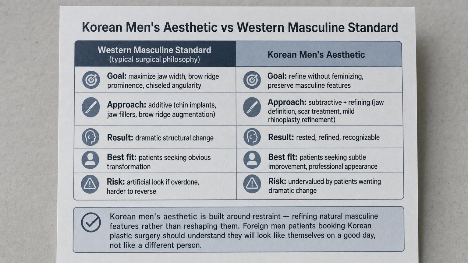 Korean men's aesthetic vs Western masculine standard: refinement preservation vs additive maximization.