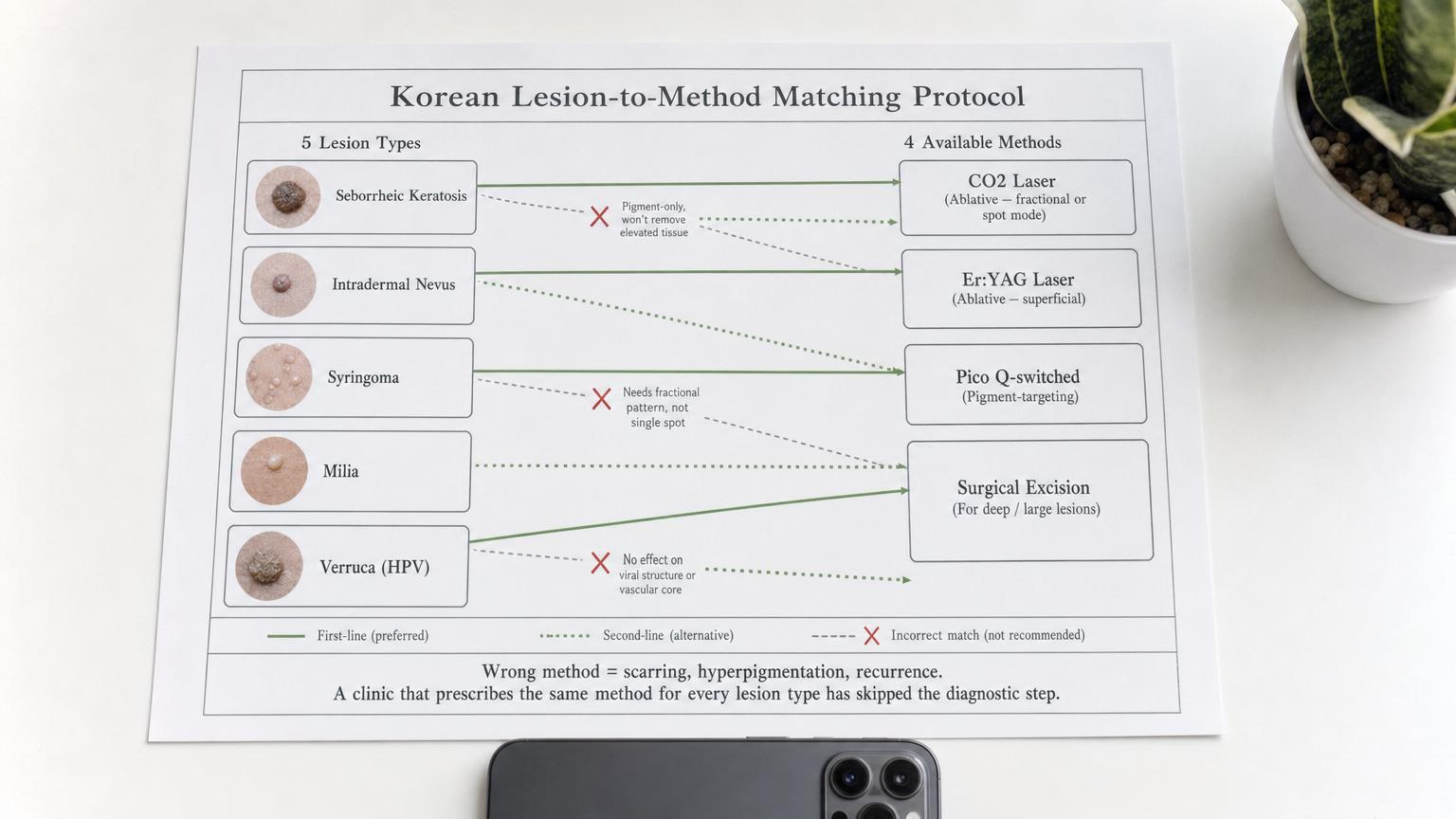 Printed Korean dermatology method-matching protocol chart showing the lesion-to-method grid with 5 lesion types on the left and 4 available methods on the right with sage green connecting strokes for first-line matches and red X marks on the incorrect Pico-to-seborrheic-keratosis and Pico-to-verruca pairings demonstrating why a single-tool clinic indicates a skipped diagnostic step.