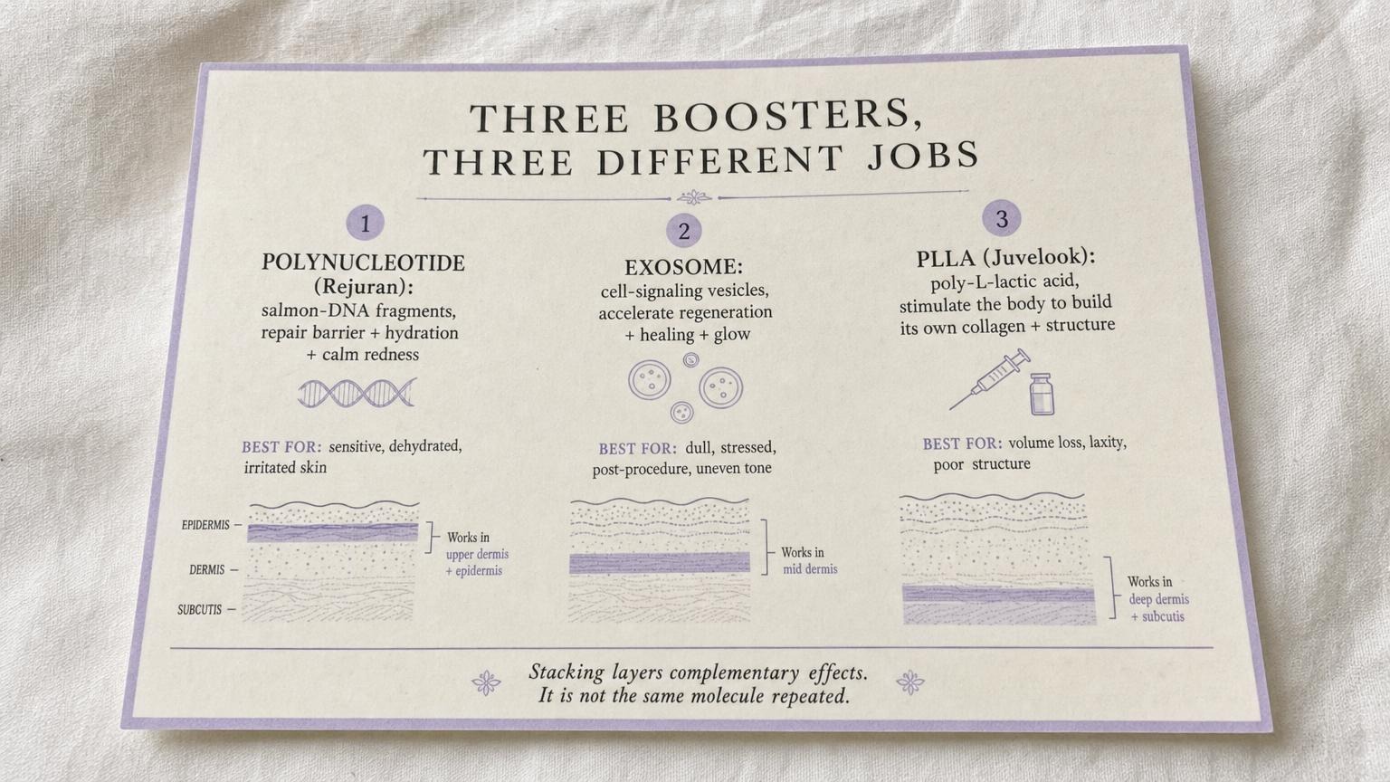 Three skin boosters three different jobs: polynucleotide barrier repair, exosome regeneration, PLLA collagen stimulation