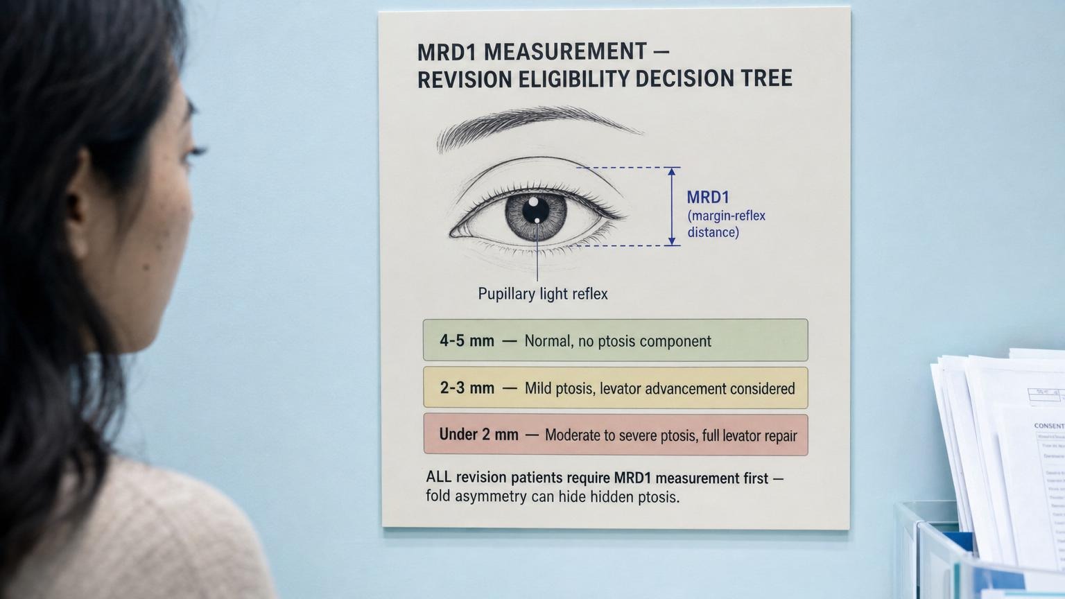 MRD1 marginal reflex distance measurement decision tree for Korean eye revision. Normal 4 to 5mm, mild ptosis 2 to 3mm, moderate ptosis under 2mm.