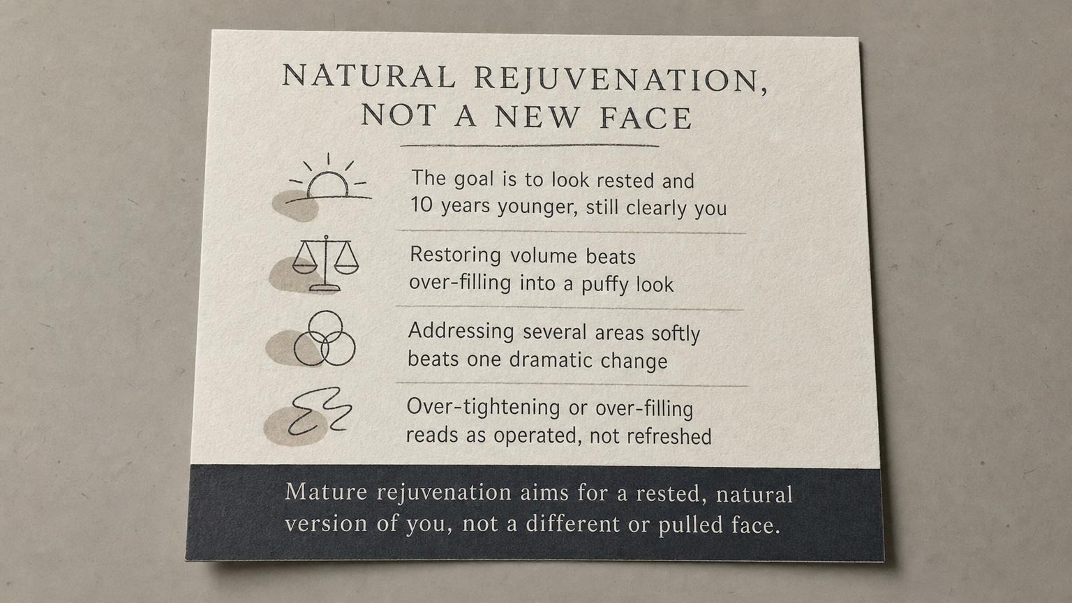 Natural rejuvenation, not a new face: rested and 10 years younger, still you