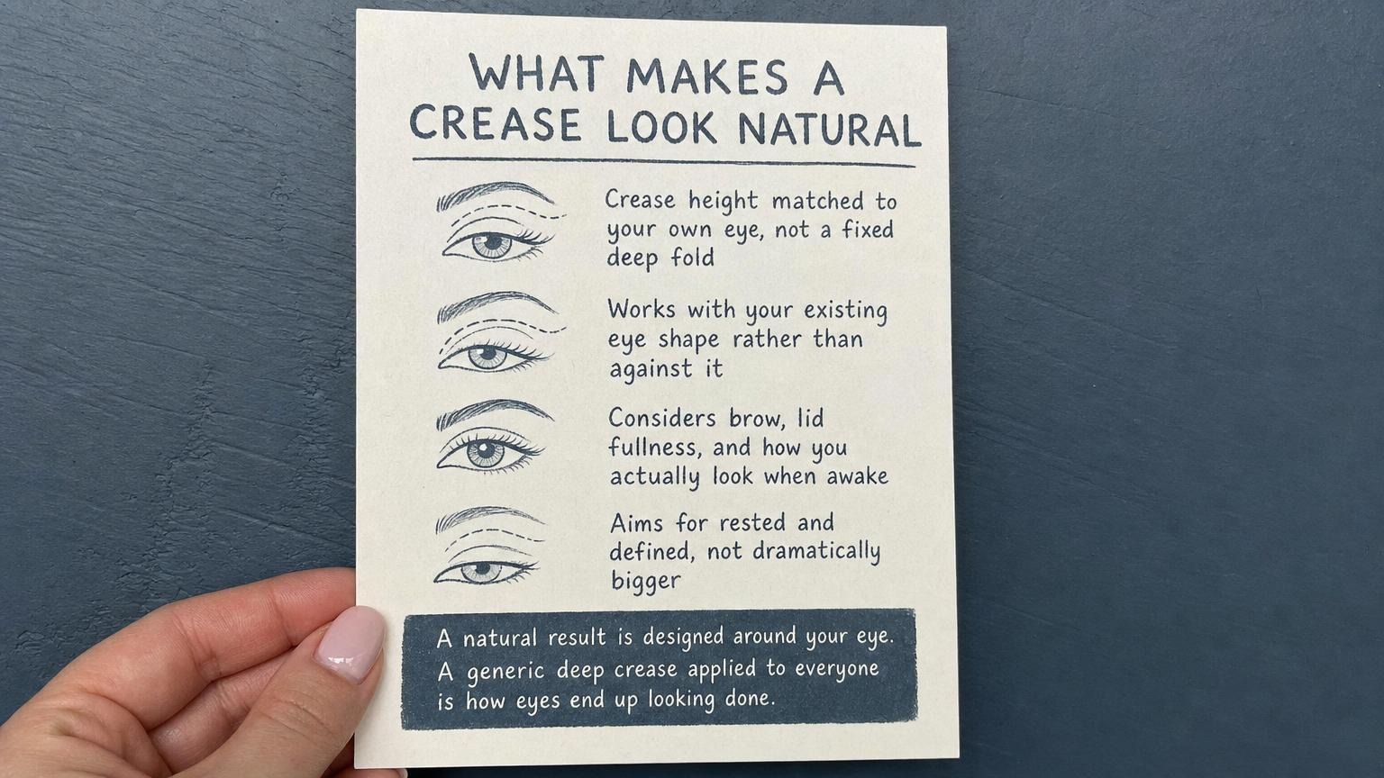 What makes a crease look natural: height matched to your eye, works with your shape