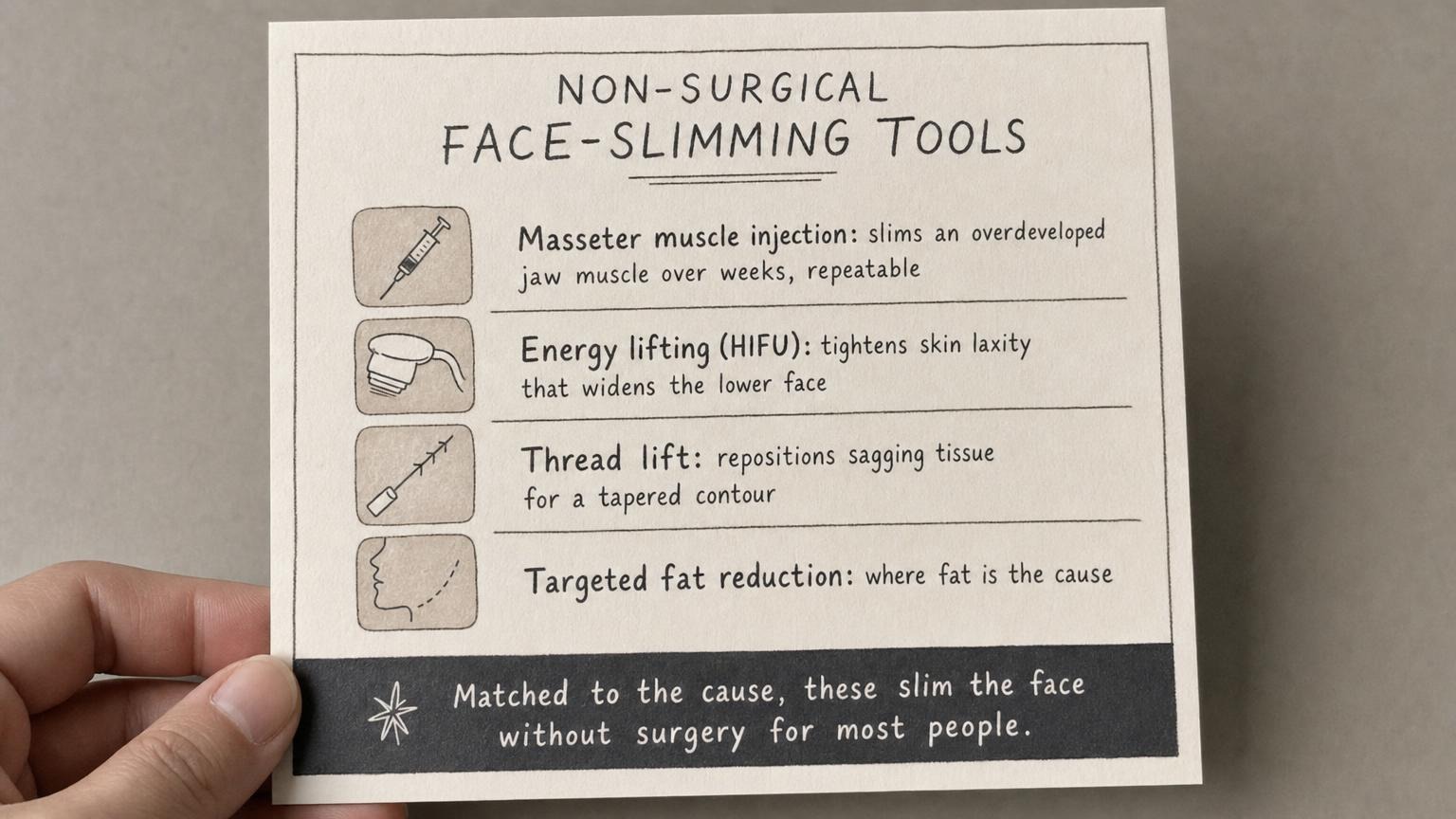 Non-surgical face-slimming tools: masseter injection, HIFU, thread, fat reduction