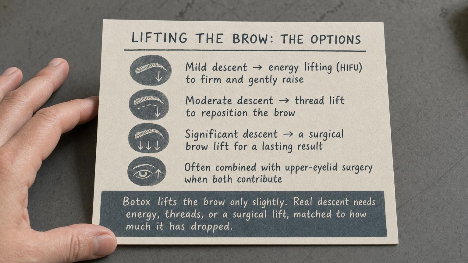 Lifting the brow: HIFU for mild, threads for moderate, surgery for significant descent