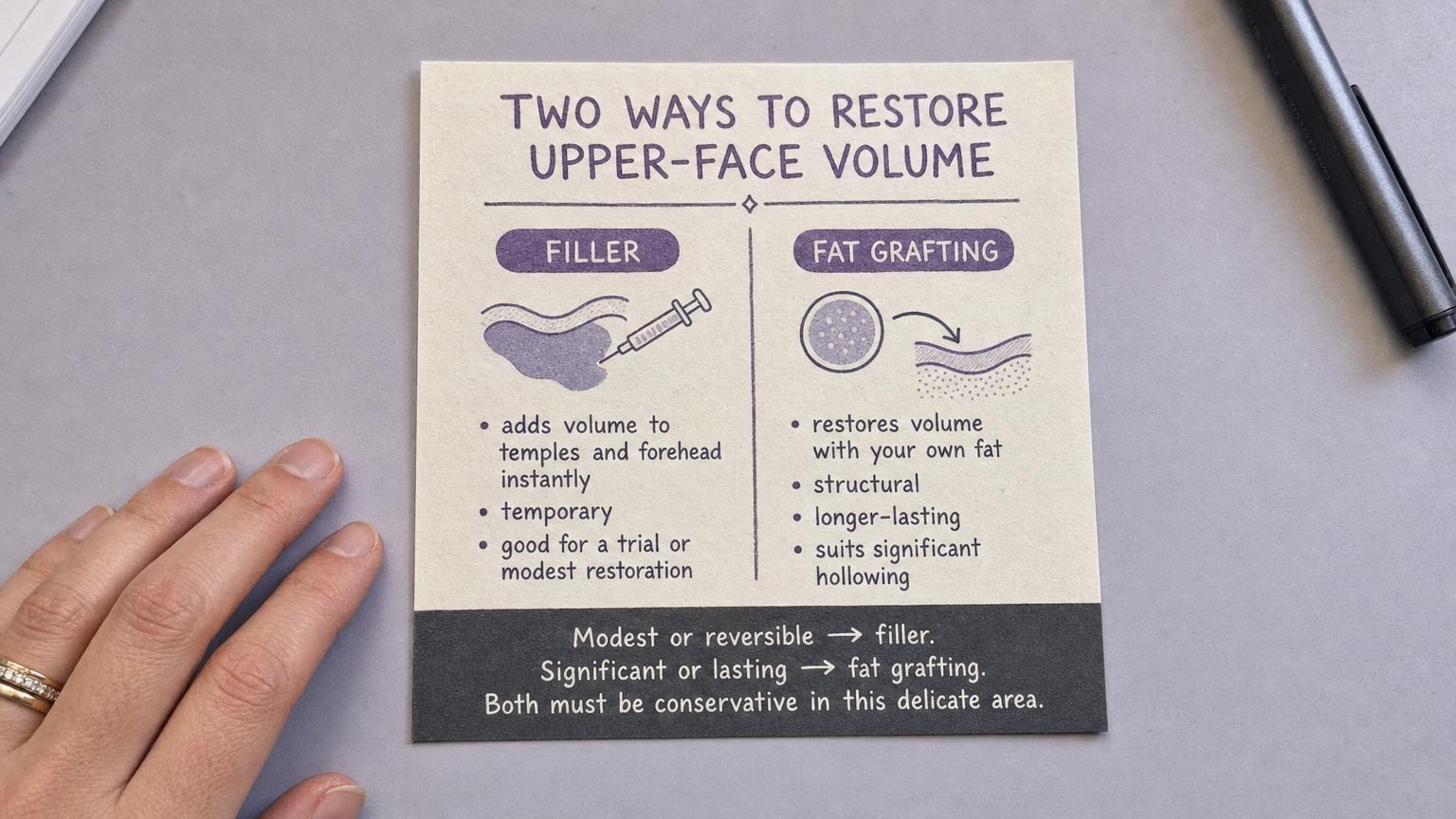 Two ways to restore upper-face volume: filler instant, fat grafting lasting