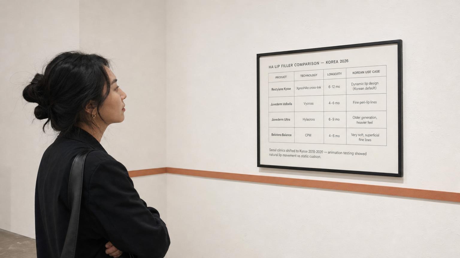 Minimalist gallery wall corner with a framed printed comparison card showing the HA Lip Filler Comparison Korea 2026 with Restylane Kysse XpresHAn vs Juvederm Volbella Vycross vs Juvederm Ultra Hylacross vs Belotero Balance CPM across four rows of technology, longevity, and Korean use case, with a small footer note about Seoul clinics shifting to Kysse 2018-2020 from animation testing showing natural lip movement vs static cushion look