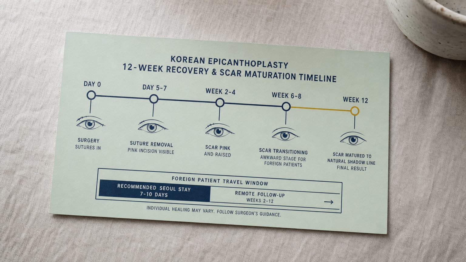 Printed protocol timeline chart on pale natural linen tablecloth showing Korean epicanthoplasty 12-week recovery and scar maturation timeline with five labeled stages: Day 0 surgery with sutures in, Day 5-7 suture removal with pink incision visible, Week 2-4 with scar pink and raised, Week 6-8 transitioning awkward stage, Week 12 with scar matured to natural shadow line, and an inset Foreign Patient Travel Window bar showing recommended Seoul stay and remote follow-up phases