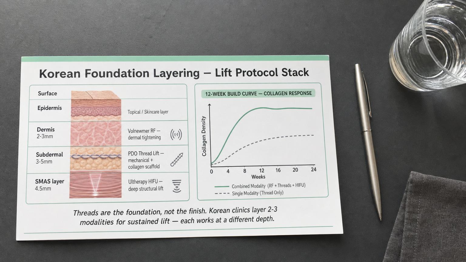Printed sage-and-cream protocol chart showing the Korean foundation-layer lifting stack across facial tissue depth — PDO threads at 3 to 5 mm dermis-to-subcutaneous interface, monopolar RF Volnewmer at 2 to 3 mm mid-dermis, HIFU Ultherapy at 4.5 mm SMAS layer