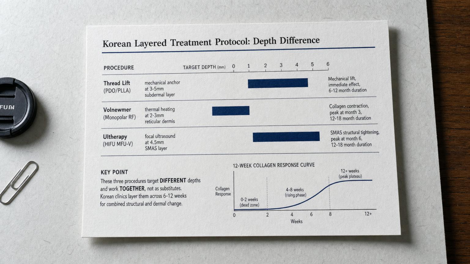 Printed comparison chart photographed top-down on pale dove gray washi paper with walnut wood desk edge showing the Korean layered treatment protocol depth comparison between Thread Lift at 3 to 5 millimeter mechanical lift Volnewmer at 2 to 3 millimeter reticular dermis RF collagen contraction and Ultherapy at 4.5 millimeter SMAS HIFU structural tightening, with 12-week collagen response curve graph in the corner showing weeks 0-2 dead zone weeks 4-8 rising curve and weeks 12 plus peak plateau