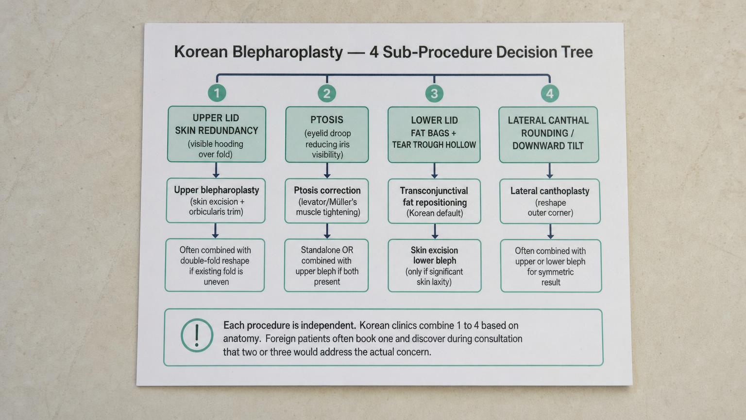 Korean blepharoplasty 4 sub-procedure decision tree: upper skin redundancy, ptosis correction, lower fat repositioning, lateral canthoplasty.