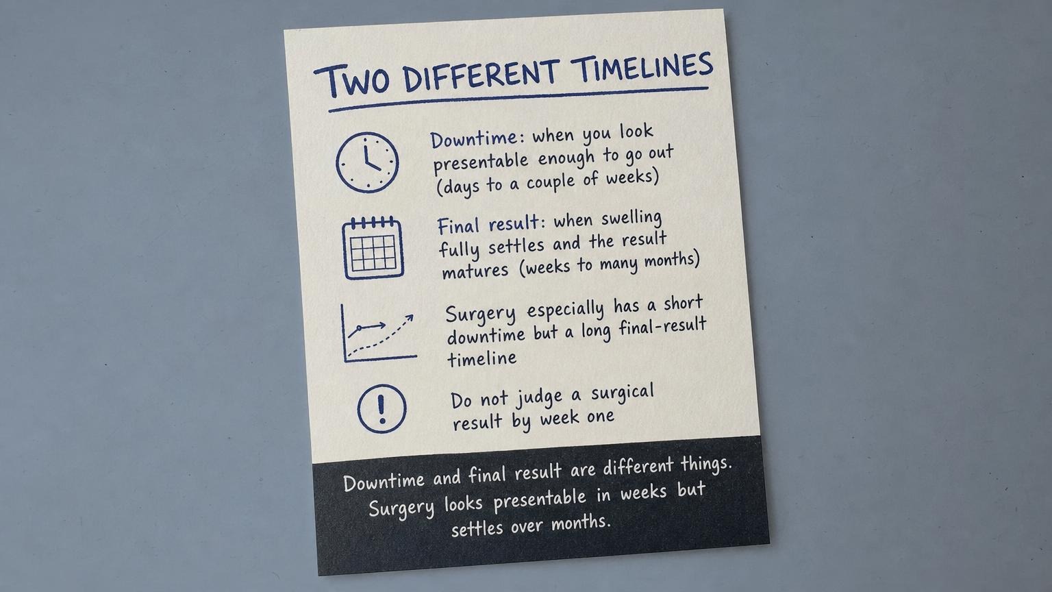 Two different timelines: downtime when presentable vs final result over months