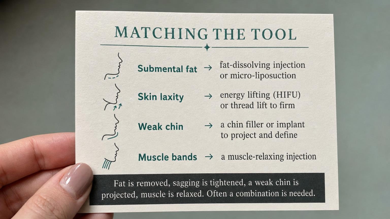Matching the tool: fat-dissolving for fat, HIFU for sagging, chin projection for a weak chin