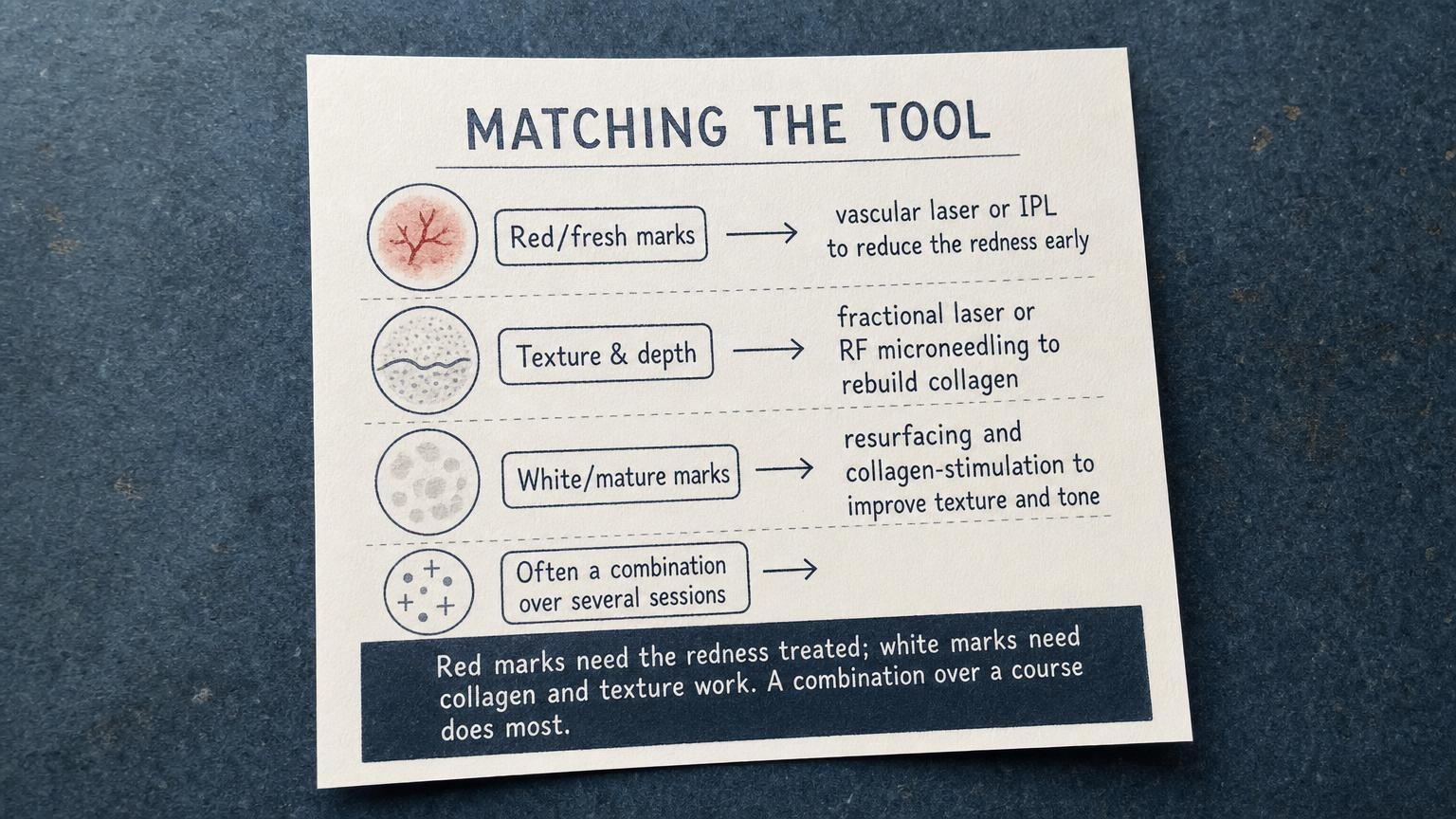 Matching the tool: vascular laser for red, collagen-building resurfacing for texture and white