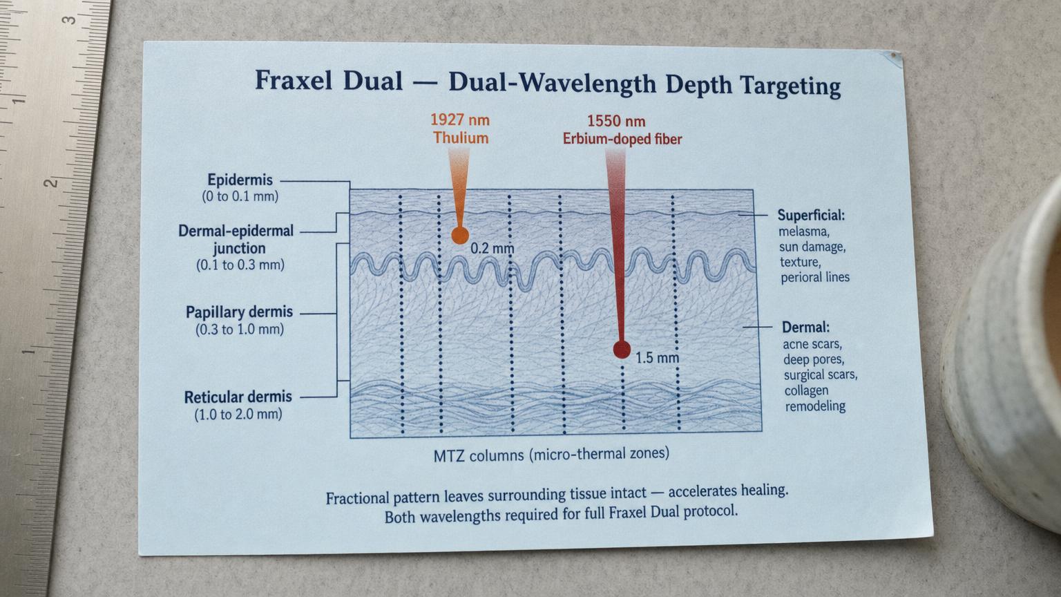 Printed dermatology reference card photographed on a sage and pale oak desk showing the Fraxel Dual wavelength depth cross-section — 1927nm Thulium wavelength absorbing at 0.2mm in the superficial epidermis targeting melanin and superficial water, and 1550nm Erbium-doped fiber wavelength penetrating to 1.5mm in the dermis targeting dermal water and stimulating collagen remodeling, with annotated micro-thermal zone columns showing intact tissue between treatment columns to demonstrate the fractional mechanism